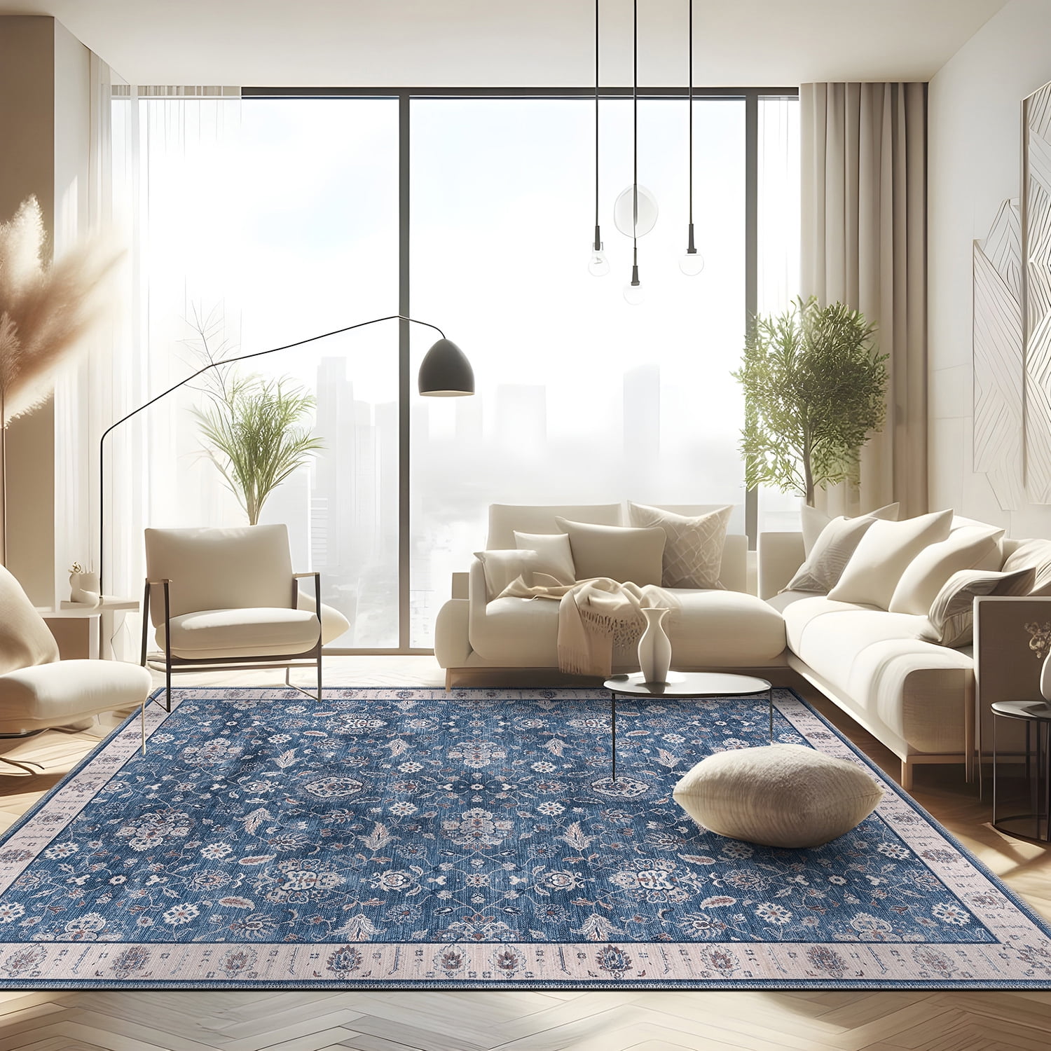 Blue Cotton Chenille 8' x 10' Washable Floral Area Rug