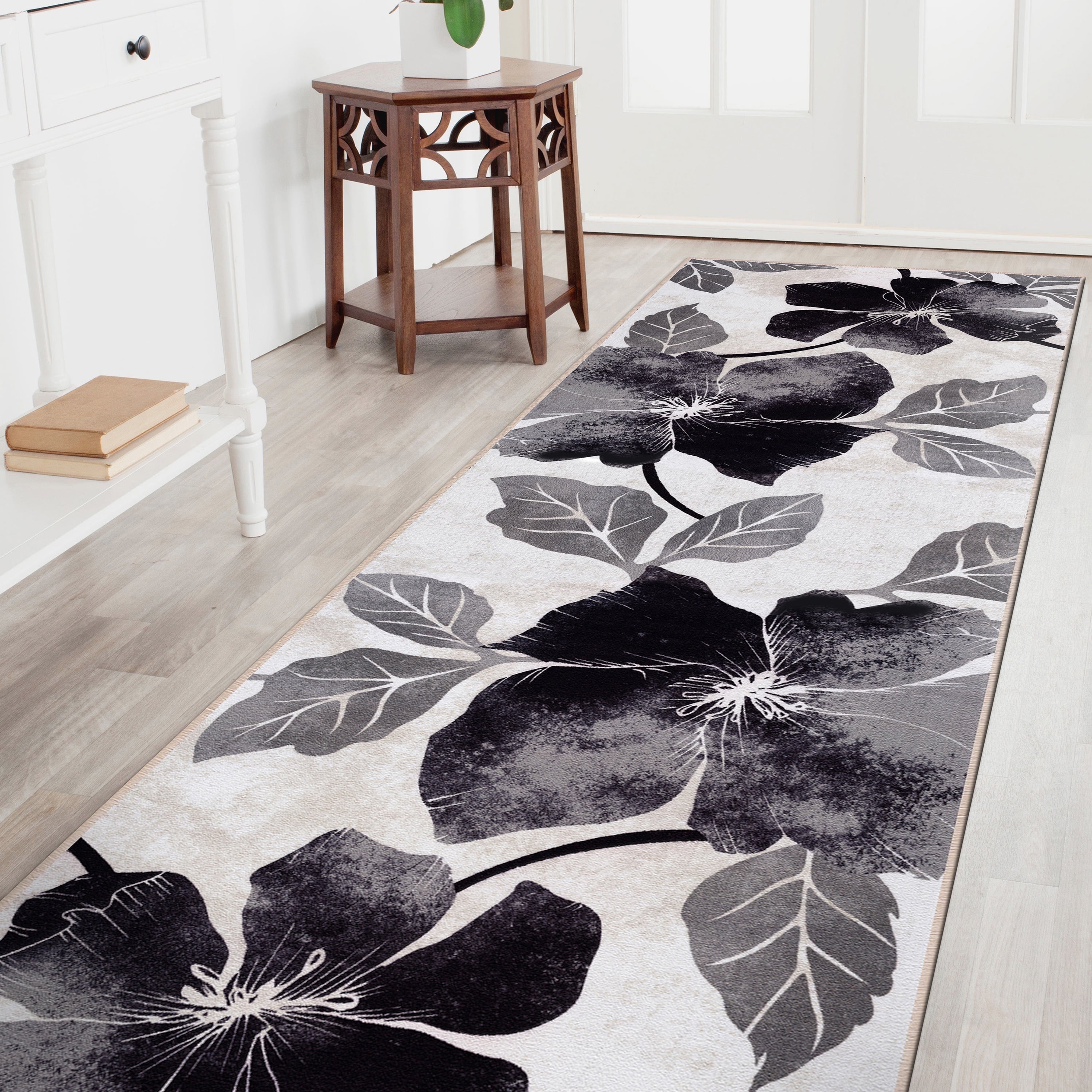 CAMILSON Solana Non Slip Modern Floral Indoor Area Rug Black/Grey 2x7 -  Walmart Business Supplies