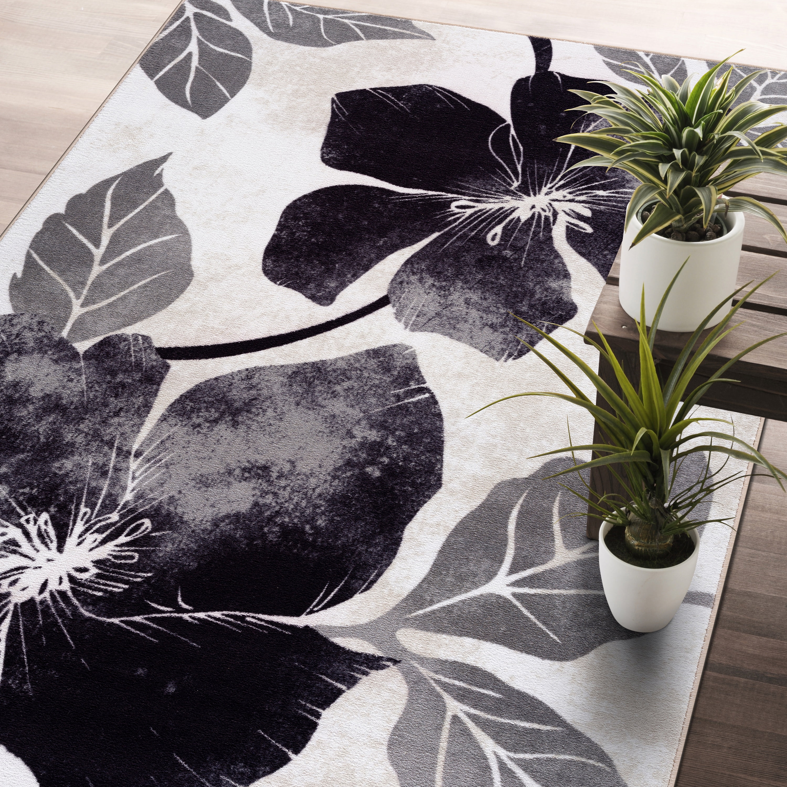 CAMILSON Solana Modern Floral 2'x3' Area Rugs Non-Skid (Non-Slip) Rubber  Backing Black - Gray Flowers Indoor Rug (2x3, Black Grey)