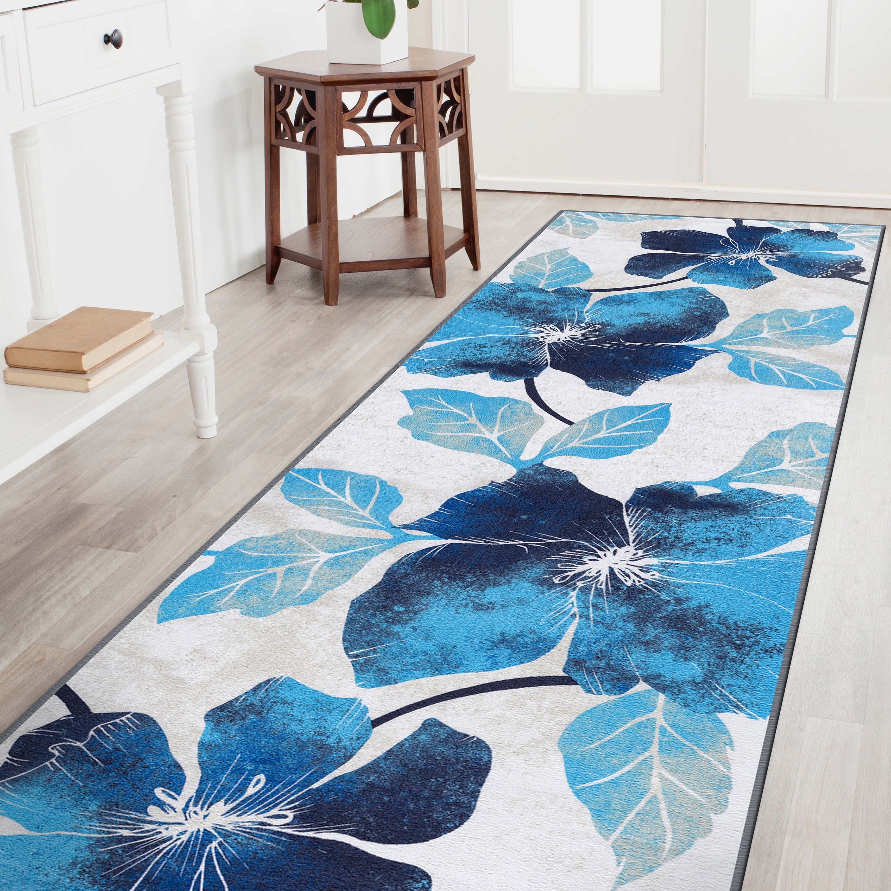 Solana Blue and Grey Floral Non-Slip Synthetic Runner Rug