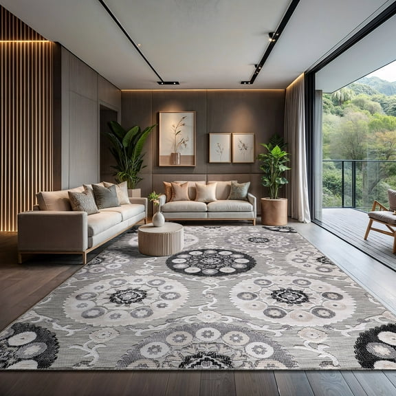 CAMILSON Spring Bohemian Medallion Floral Easy-Cleaning Non-Shedding Washable Outdoor Indoor Area Rug Gray 5x7