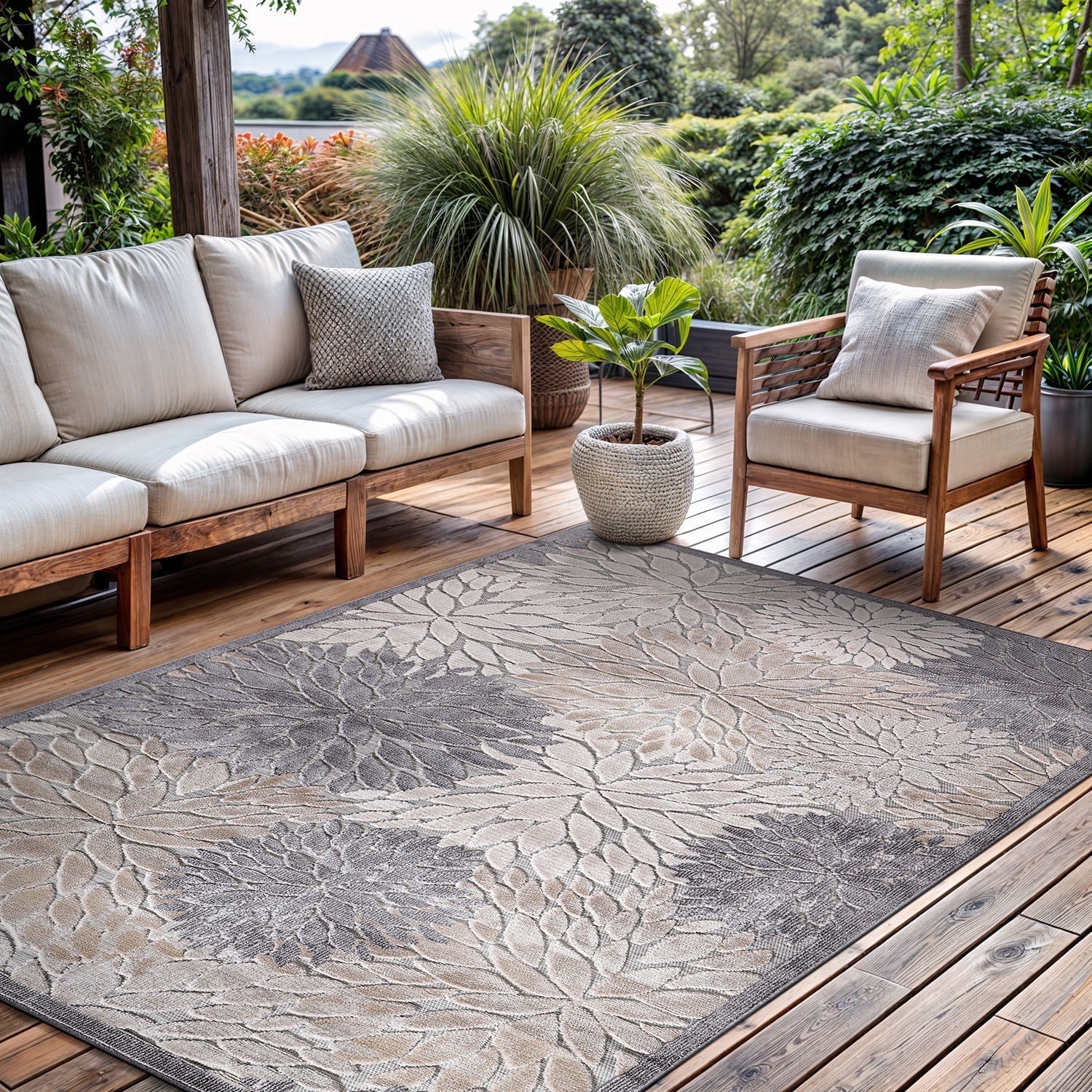 Beige Floral Synthetic Flat Woven Rectangular Area Rug 10' x 14'