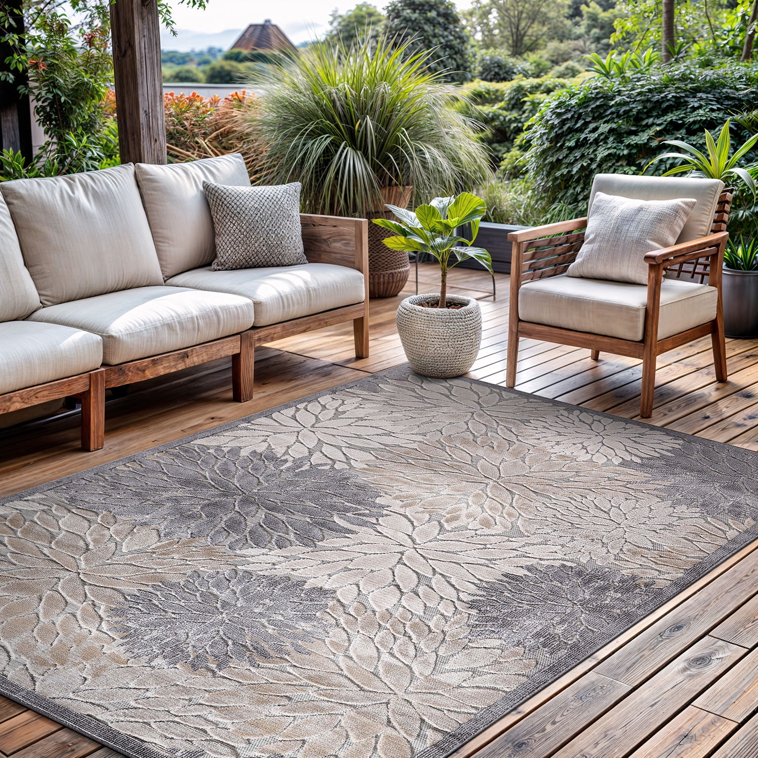 CAMILSON Tropical Area Rug, Beige, 5x7, Washable, Indoor Outdoor, UV ...