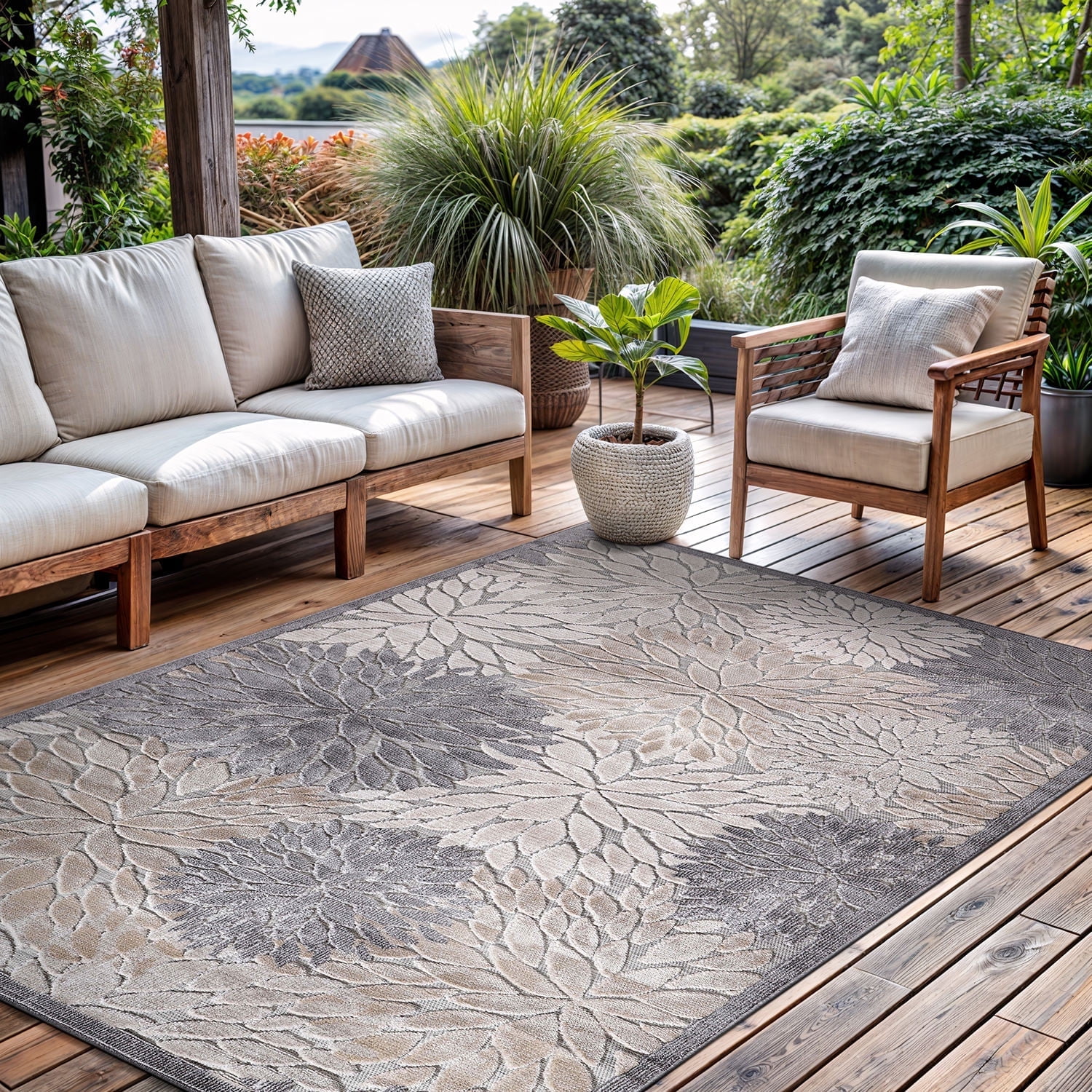 Beige Floral Synthetic Rectangular 9' x 12' Washable Area Rug
