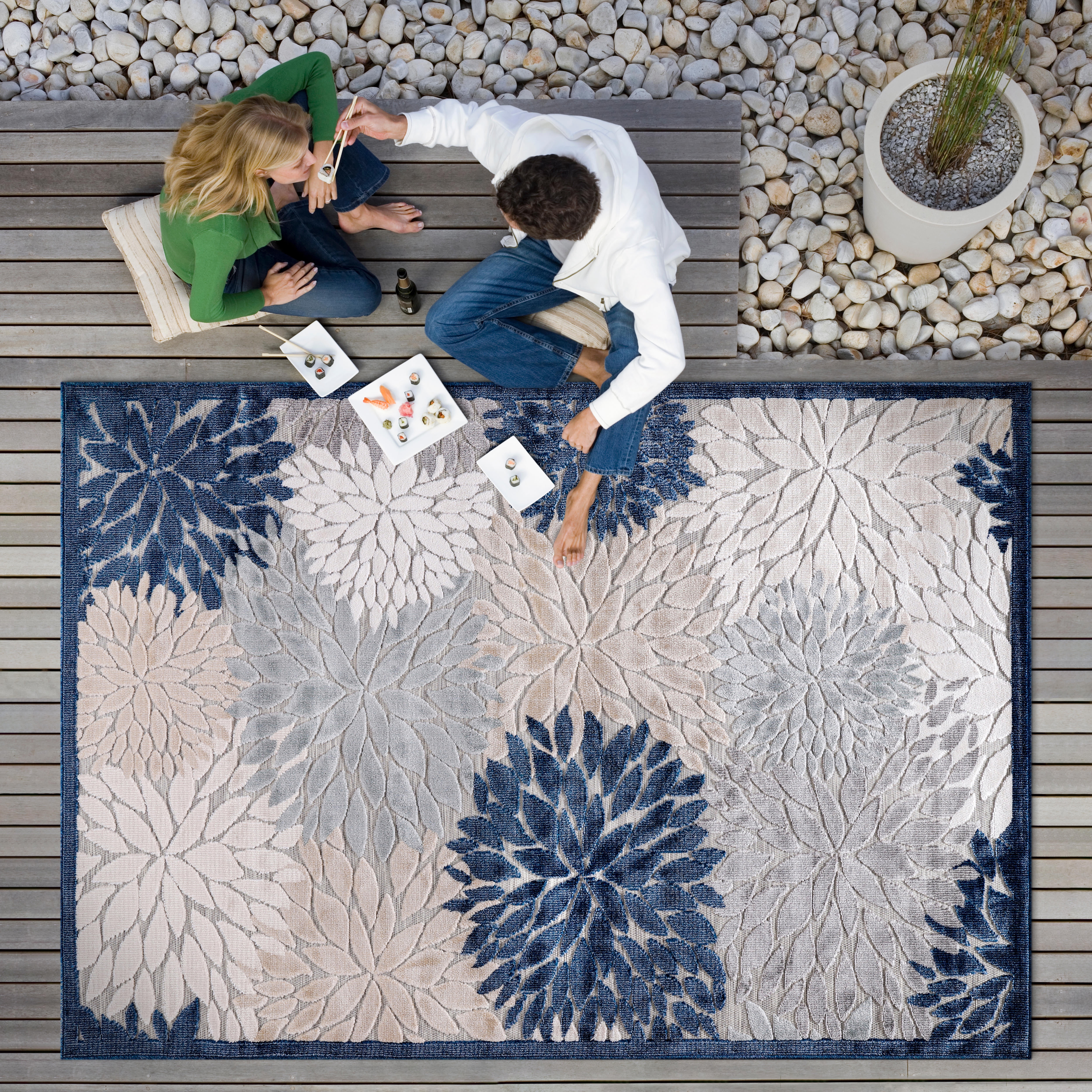 CAMILSON Blossom Indoor Outdoor Rug Floral Exotic Tropical Non-Shedding Rug Navy Blue 7'10 x 10
