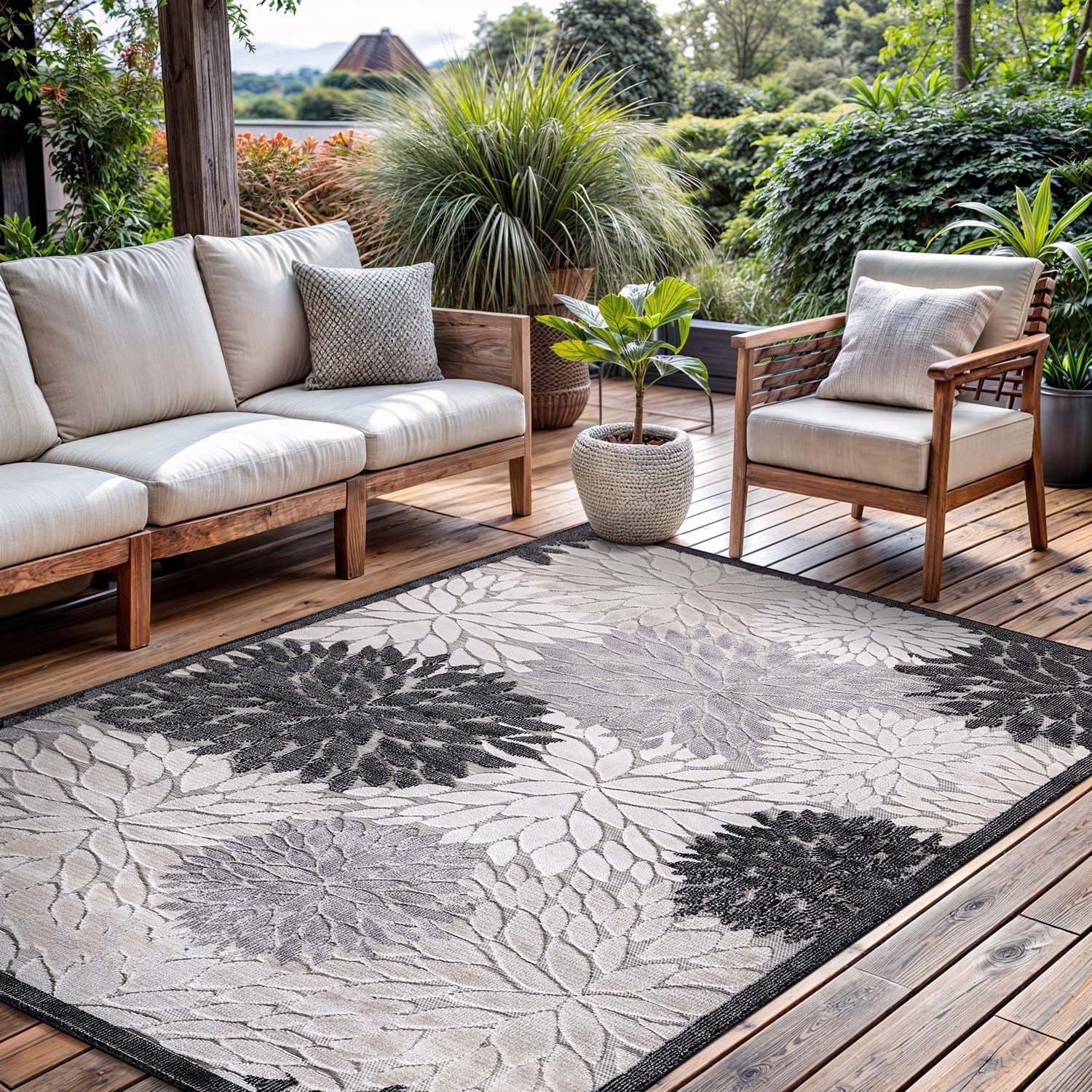 Gray Floral Synthetic Rectangular 9' x 12' Washable Area Rug