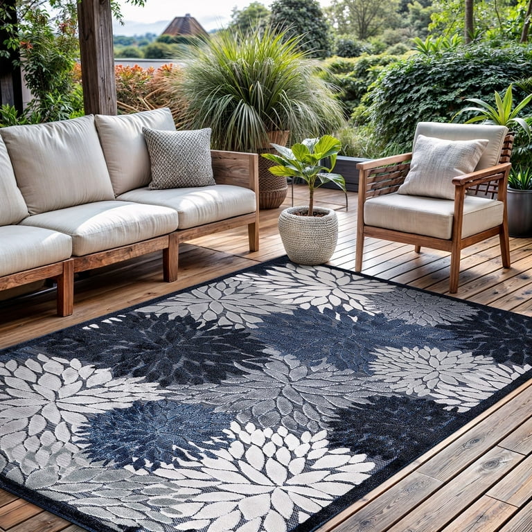CAMILSON Spring Navy Blue 8x10 Rug - Indoor/Outdoor, Washable, Non