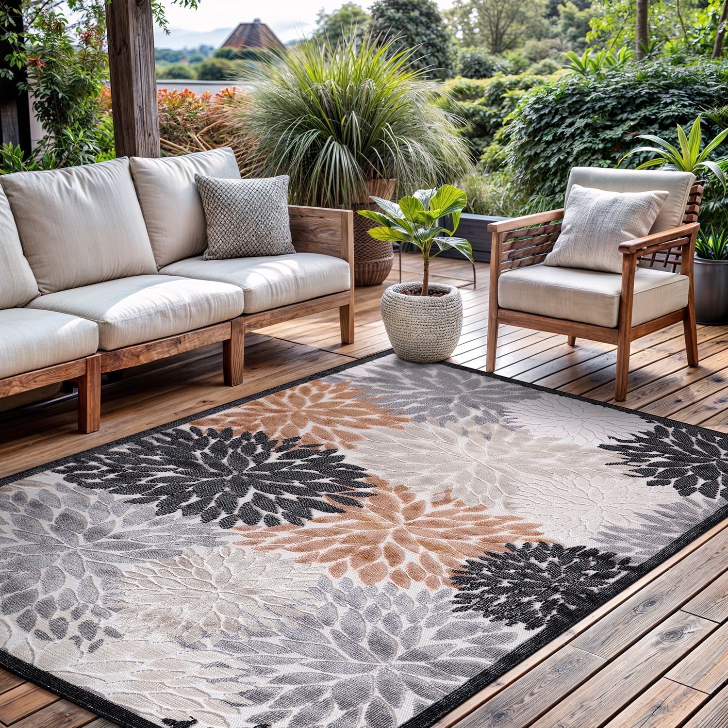 Large Orange and Gray Floral Synthetic Washable Area Rug