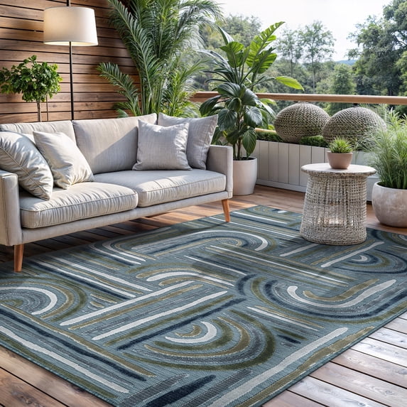 CAMILSON Spring Geometric Arch Striped Easy-Cleaning Non-Shedding Washable Outdoor Indoor Area Rug Aqua 5x7