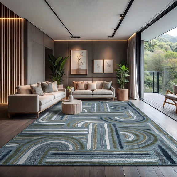 CAMILSON Spring Geometric Arch Striped Easy-Cleaning Non-Shedding Washable Outdoor Indoor Area Rug Aqua 9x12