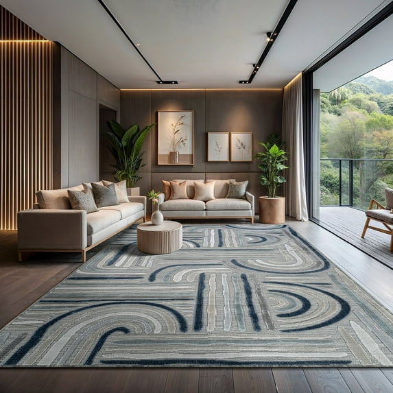 CAMILSON Spring Geometric Arch Striped Easy-Cleaning Non-Shedding Washable Outdoor Indoor Area Rug Blue 9x12