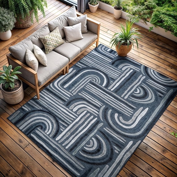 CAMILSON Spring Geometric Arch Striped Easy-Cleaning Non-Shedding Washable Outdoor Indoor Area Rug Navy 8x10