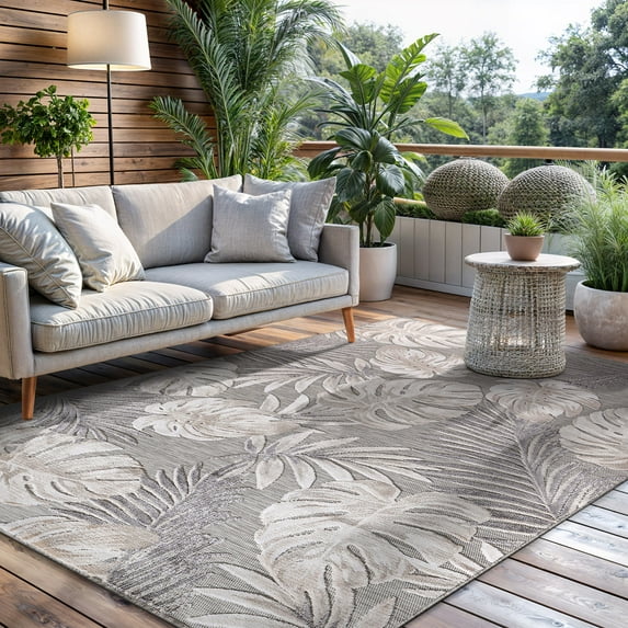 CAMILSON Spring Leaf Tropical Botanical Easy-Cleaning Non-Shedding Washable Outdoor Indoor Area Rug Beige 5x7