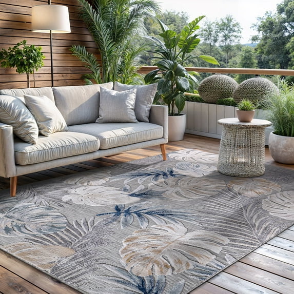 CAMILSON Spring Leaf Tropical Botanical Easy-Cleaning Non-Shedding Washable Outdoor Indoor Area Rug Blue 5x7