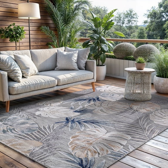 CAMILSON Spring Leaf Tropical Botanical Easy-Cleaning Non-Shedding Washable Outdoor Indoor Area Rug Blue 8x10
