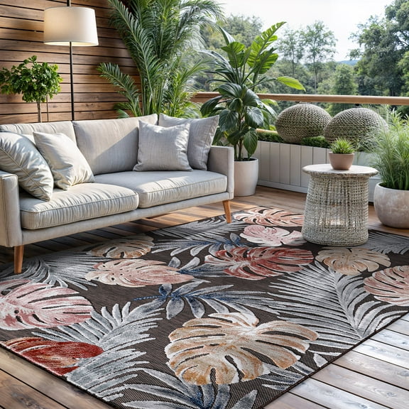 CAMILSON Spring Leaf Tropical Botanical Easy-Cleaning Non-Shedding Washable Outdoor Indoor Area Rug Brown 5x7
