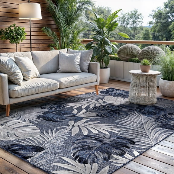 CAMILSON Spring Leaf Tropical Botanical Easy-Cleaning Non-Shedding Washable Outdoor Indoor Area Rug Navy Blue 8x10