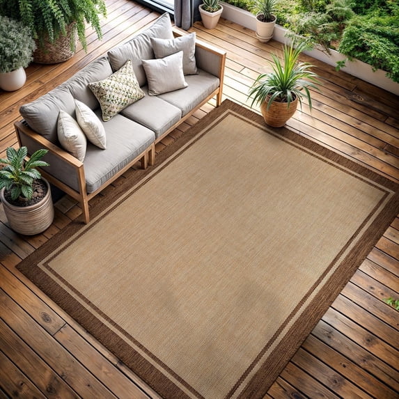 CAMILSON Summer Bordered, Washable Outdoor Indoor Area Rug, Camel, 10x14