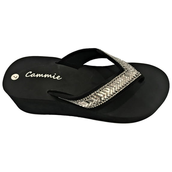 CAMMIE 723W Women Platform High Wedge Rhinestone Bling Slides Flip Flops Thong Sandals Black Size 6