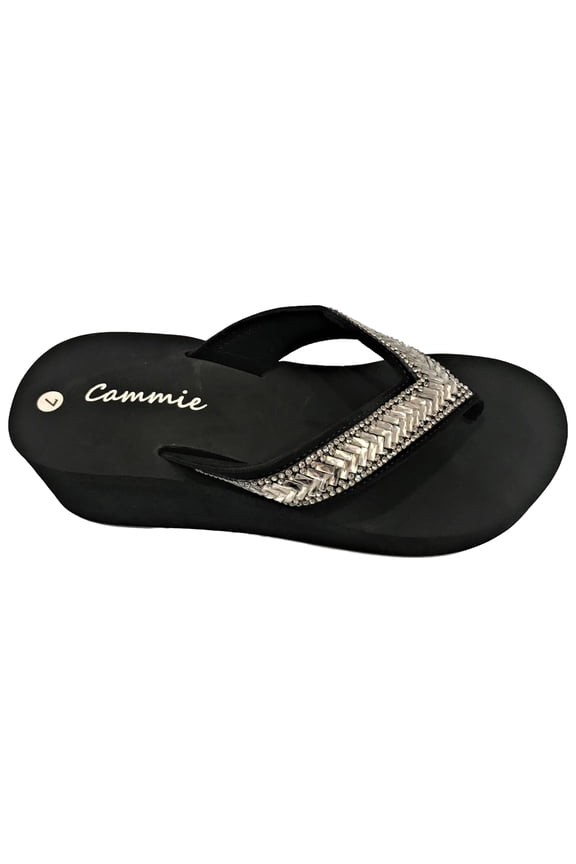 723W Women Platform High Wedge Rhinestone Bling Slides Flip Flops Thong Sandals Black Size 6