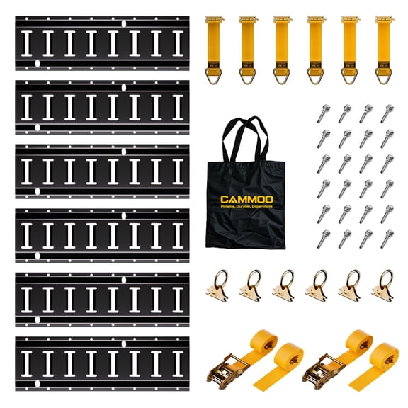 CAMMOO 16 Inch E-Track Rail Kit with 2200lbs Load Capacity, 44 Pcs Includes 6 Rails, 2 Ratchet Straps, 6 D-Ring with Tie-Downs, 6 O-Rings, 24 Screws & Storage Bag, for Trucks, Vans, Trailers, Black
