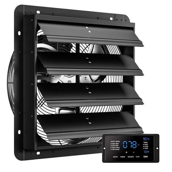 CAMMOO 16" Wall Mount Fan with Smart Touchscreen Controller, 10-Speed Shutter Exhaust Fan for Garage, Attic & Greenhouse, Black