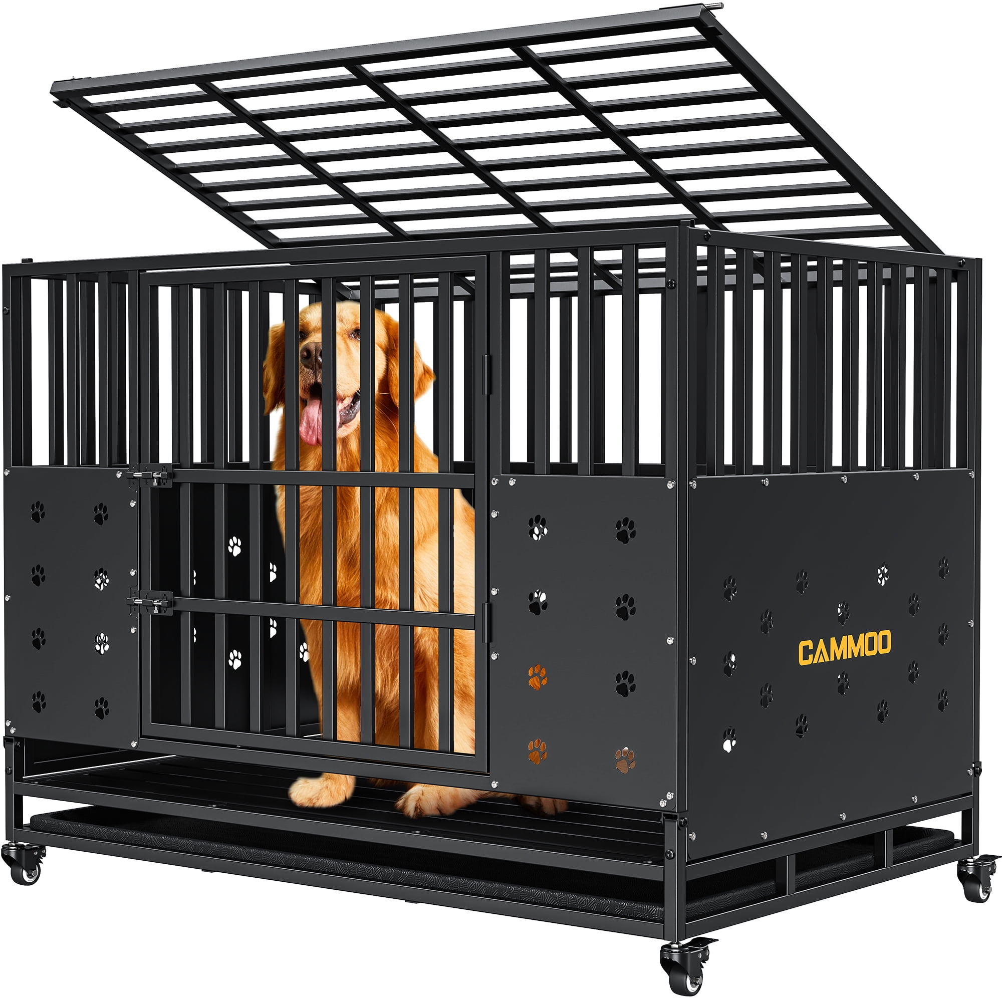 CAMMOO 48" Foldable Heavy Duty Dog Crate Cage for Large Dogs, XL Dog Kennel for Indoor&Outdoor, 4 Lockable Wheels, Adjustable Internal Height