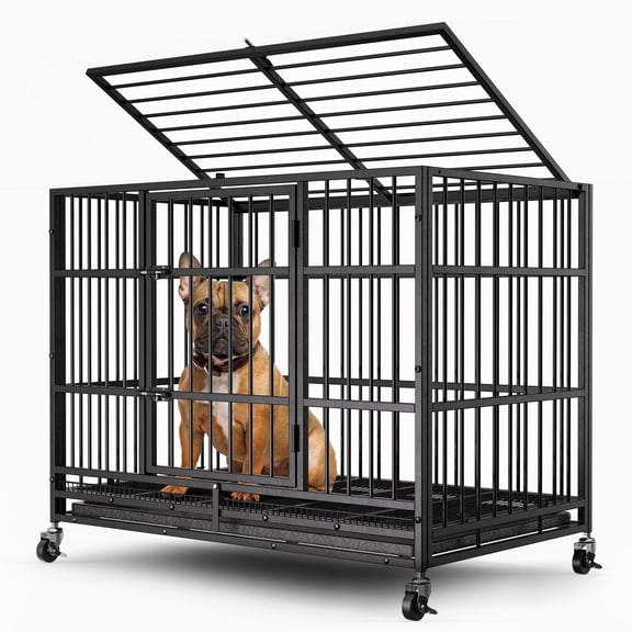CAMMOO 38" Heavy Duty Dog Crate with Lockable Wheels, Compact Puppy Cage Pet Kennel for Small Medium Dogs, Indoor Outdoor 300 lbs Capacity, Black