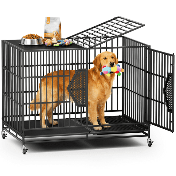 CAMMOO 48 Inch Heavy Duty Dog Crate with 360° Swivel Caster Wheels, Chew Proof Reinforced Square Tube Dog Kennel, Large Indoor Dog Cage with Easy Clean Floor