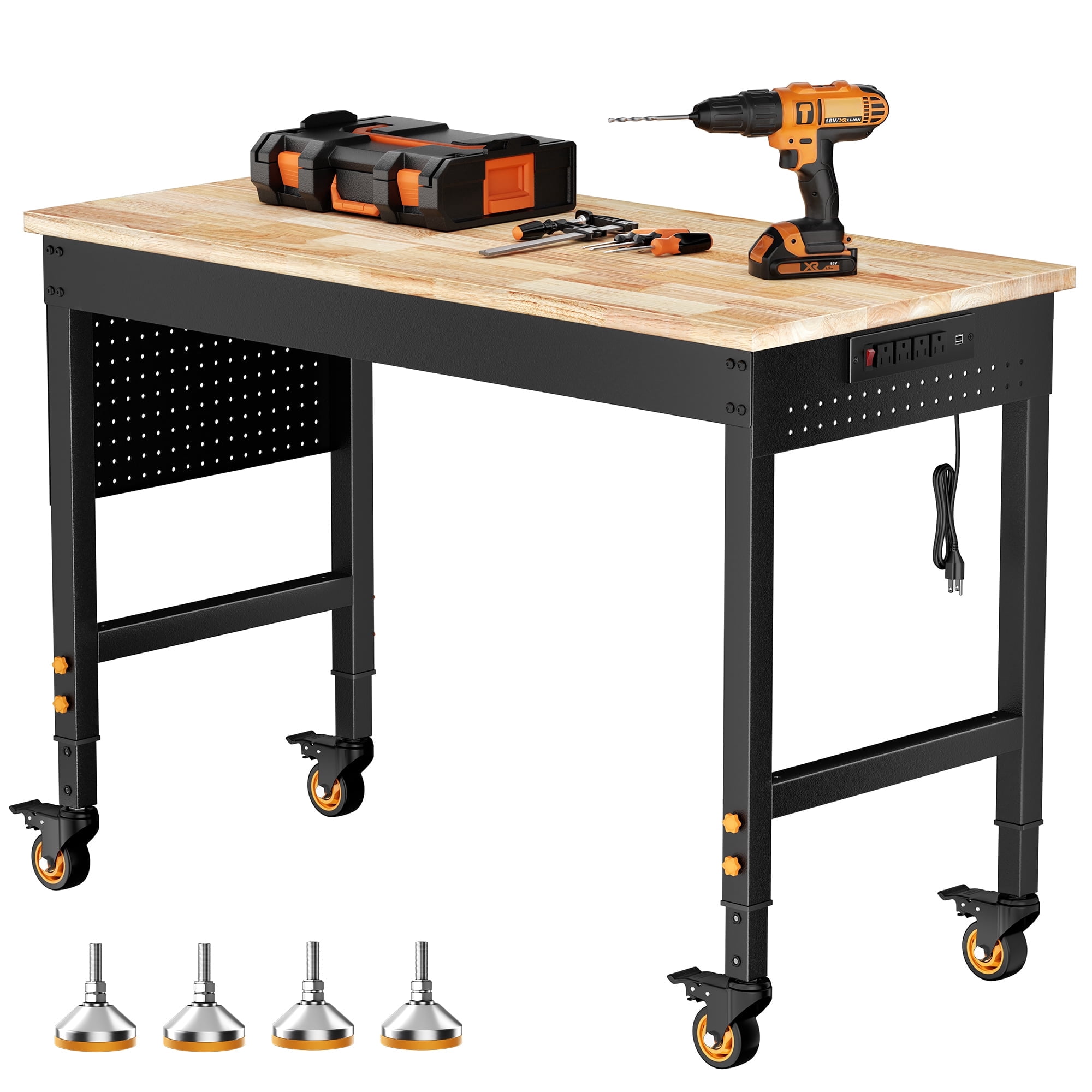 CAMMOO 48" Rolling Workbench with Wheels, Adjustable Height Work Bench for Garage, Heavy Duty Work Table with Pegboard & Power Outlet, 2000 lb Capacity for Workshop DIY
