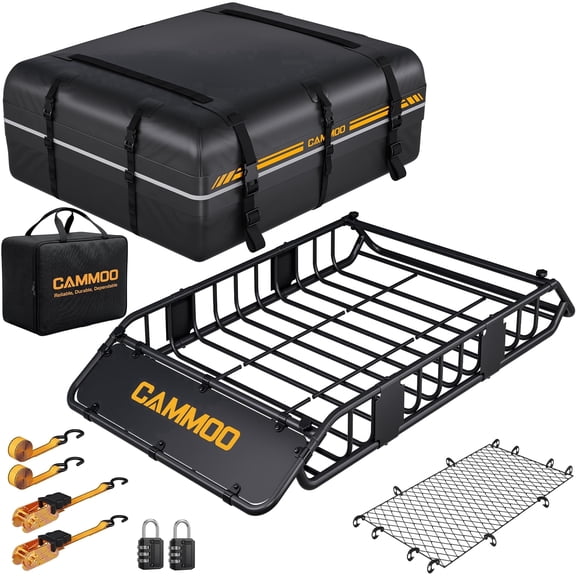 CAMMOO 54"x34" Roof Rack Basket, Removable Fairing & Support Bars for Kayaks/Long Gear, 15 Cu.Ft Waterproof Soft Bag+Lock+Net+Strap–200Lbs Capacity Rooftop Cargo Carrier for SUV Truck Camping