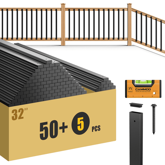 CAMMOO 55-Pack 32" Deck Balusters, Rectangular Iron Deck Spindles, Black Metal Railing Balusters for Stairs, Decks & Porches