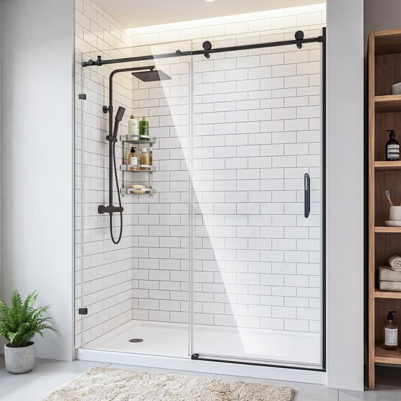 CAMMOO 56-60" W x 76" H Frameless Magnetic Sliding Glass Shower Door, 5/16"(8mm) Thick Tempered Glass, Leak-Proof Seals, Matte Black