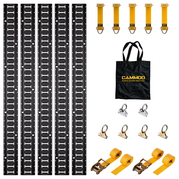 CAMMOO 5FT E-Track Rail Kit with 2200lbs Load Capacity,18 Pcs Includes 5 Rails, 2 Ratchet Straps,5 D-Rings, 4 Standard O-Rings, 2 Heavy Duty O-Rings & Storage Bag, for Trucks, Vans, Trailers, Black