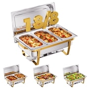 CAMMOO 7 Pans 9QT Gold Stackable Chafing Dish Buffet Set, 18/8 304 Stainless Steel Food Warmers for Parties Buffet Catering Events Dinners,Rectangular
