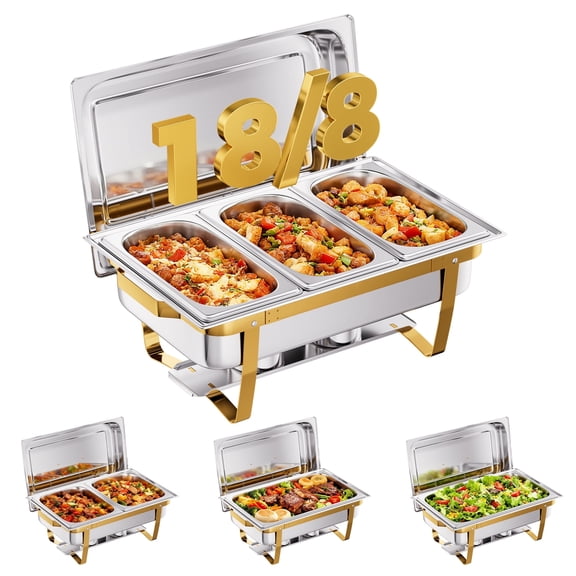 CAMMOO 7 Pans 9QT Gold Stackable Chafing Dish Buffet Set, 18/8 (304) Stainless Steel Food Warmers for Parties Buffet Catering Events Dinners,Rectangular