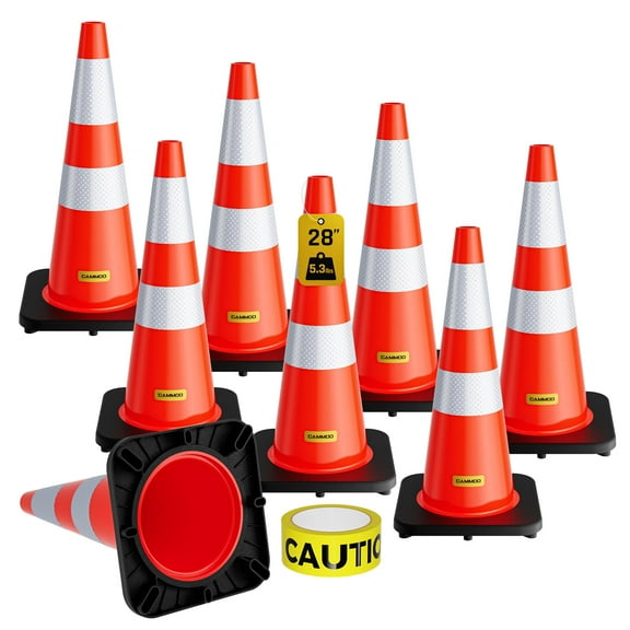 CAMMOO 8 Pack 28" PVC Safety Traffic Cones with Black Base, Road Parking Cone with Reflective Collar&Extra Caution Tape for Construction & Traffic Control