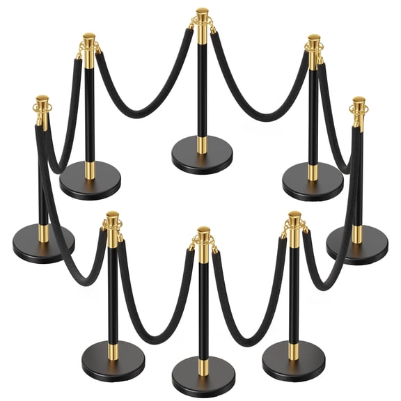 CAMMOO 8-Piece Stanchion Posts and Black Velvet Ropes, Fillable Base Crowd Control Barriers for Red Carpet, Weddings, and Events