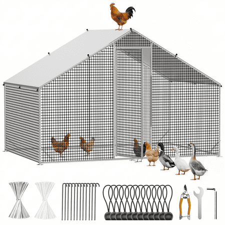 CAMMOO 9.8 x 6.6 x 6.6 ft Large Metal Chicken Coop with Run for Yard, Outdoor Walk-in Poultry Cage with Waterproof & Anti-UV Cover, Chicken Pen for Ducks, Rabbits