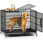 CAMMOO 48 Inch Heavy Duty Dog Crate with 360° Swivel Caster Wheels, Chew Proof Reinforced Square Tube Dog Kennel, Large Indoor Dog Cage with Easy Clean Floor