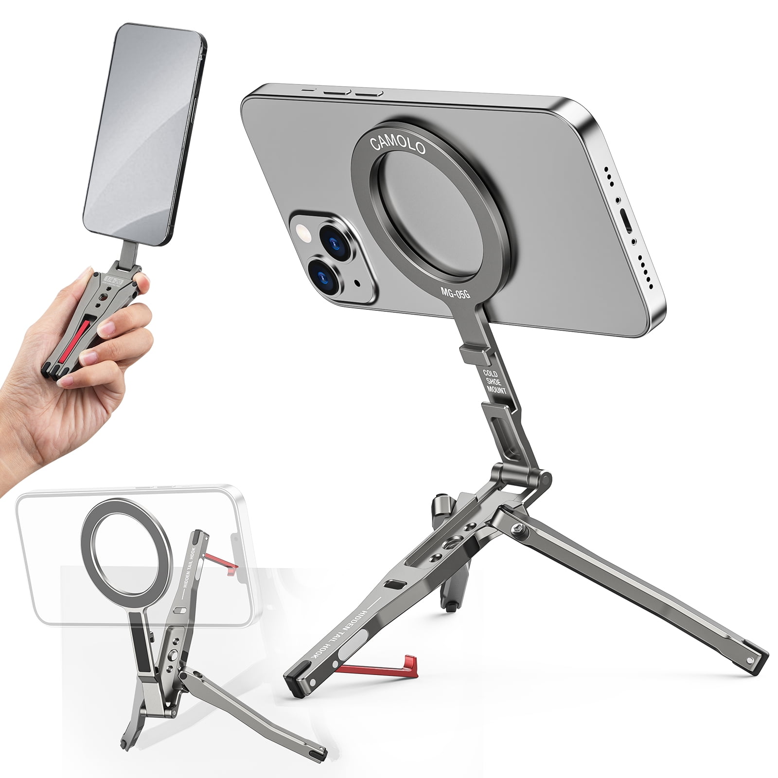 CAMOLO MG-05G Magnetic Pocket Phone Tripod Foldable with Hook Phone Holder Compatiable with Magsafe for iPhone 16 15 14 13 12 Pro Max Plus Series 1/4" Screw Tripod Mount Lightweight Cellphone Stand
