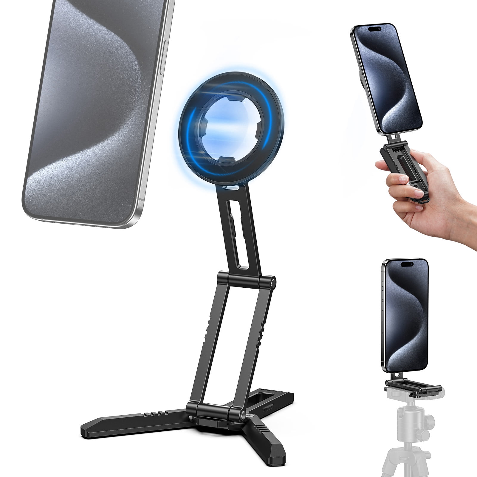 CAMOLO Magnetic Pocket Phone Tripod Foldable Compatible with Magsafe iPhone 16/15/14/13/12 Plus Pro Max Series, MG03 PRO Aluminium Smartphone Mini Tripod Cell Phone Stand Magnet Quick Mount