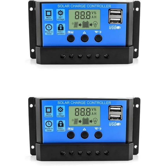 CAMOTUSE 2pc 30A Solar Panel Battery Charge Controller 12V/24V LCD Regulator Dual USB