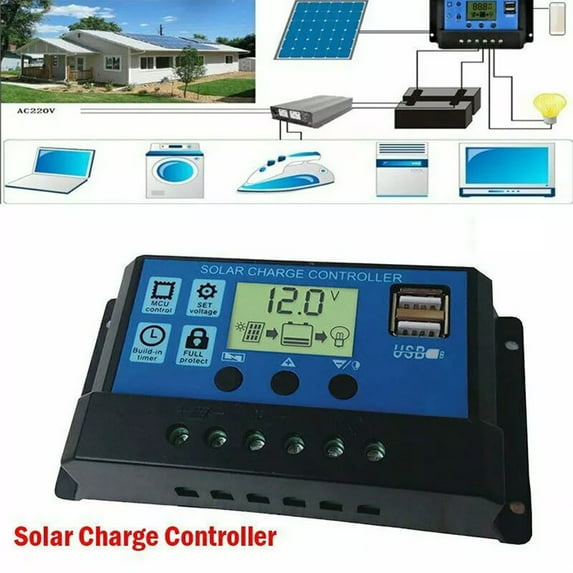 CAMOTUSE 30A 12V 24V Solar Battery Charge Controller LCD Display Auto Dual USB for Off Grid Systems