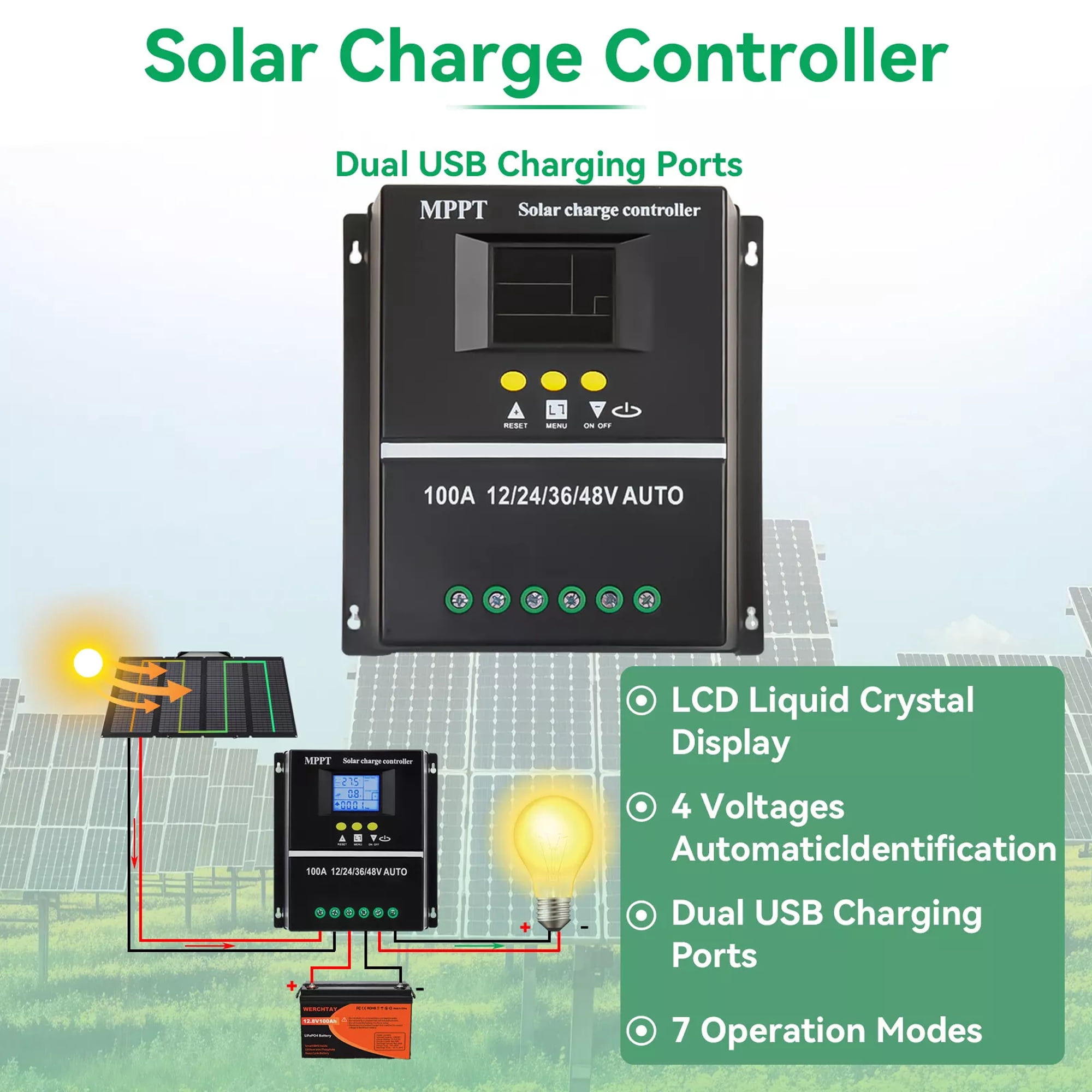 CAMOTUSE 4000W 100A MPPT Solar Controller 12V 24V 36V 48V USB Battery Regulator