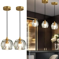 CAMOTUSE Modern Crystal Island Pendant Lighting Mini Vintage Glass Foyer Chandelier Contemporary Soccer Ball Shape Ceiling Hanging Lights Fixture for Kitchen Island Living Room Bedroom Brass, 2 Pack