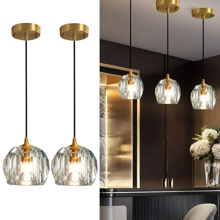 CAMOTUSE Modern Crystal Island Pendant Lighting Mini Vintage Glass Foyer Chandelier Contemporary Soccer Ball Shape Ceiling Hanging Lights Fixture for Kitchen Island Living Room Bedroom Brass, 2 Pack