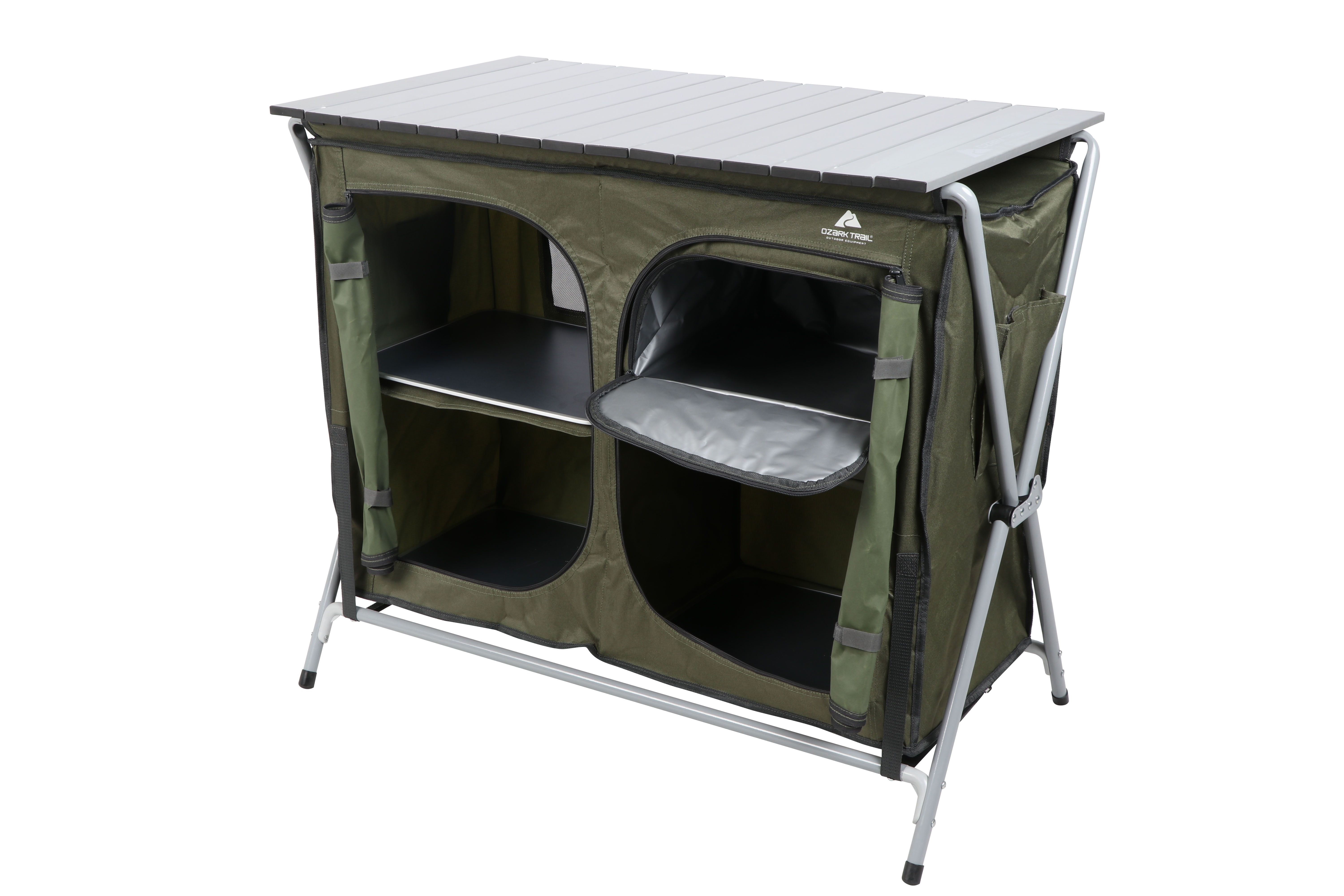 Ozark Trail Aluminum Roll-Top Portable Camping Table with Deluxe Cupboard, Green
