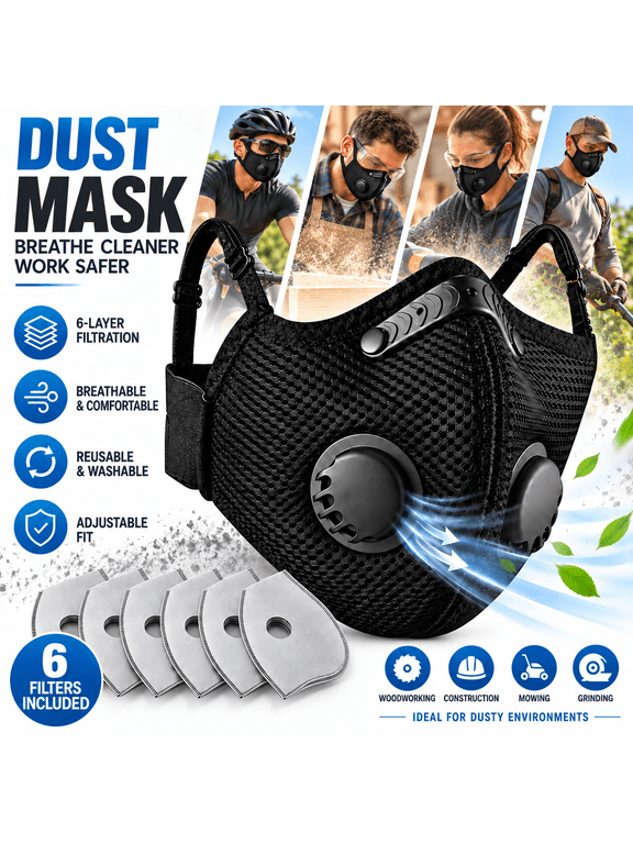 Dust Mask, Breathable Reusable Face Mask with 6 Activated Carbon Filters for Woodworking Construction Mowing Grinding (Modern1)