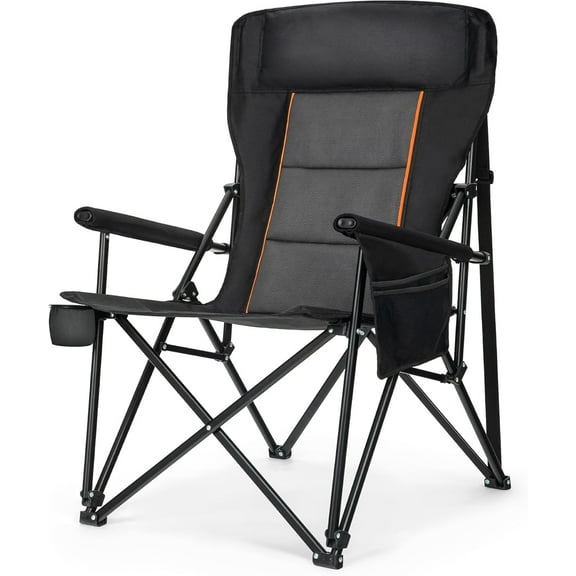 LET'S CAMP Oversized Camping Chairs 29.52" High Back Heavy Duty Lawn Chair Support 500LBS, Portable Collapsible Chair with Cup Holder, Side Pocket(Black)